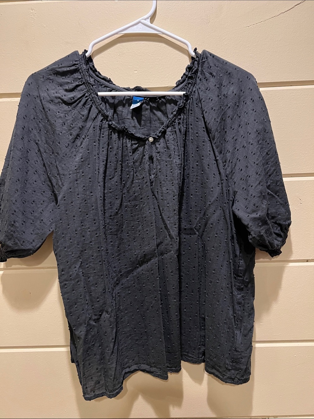 Old Navy Black Swiss Dot Peasant Top with Ruffle Trim